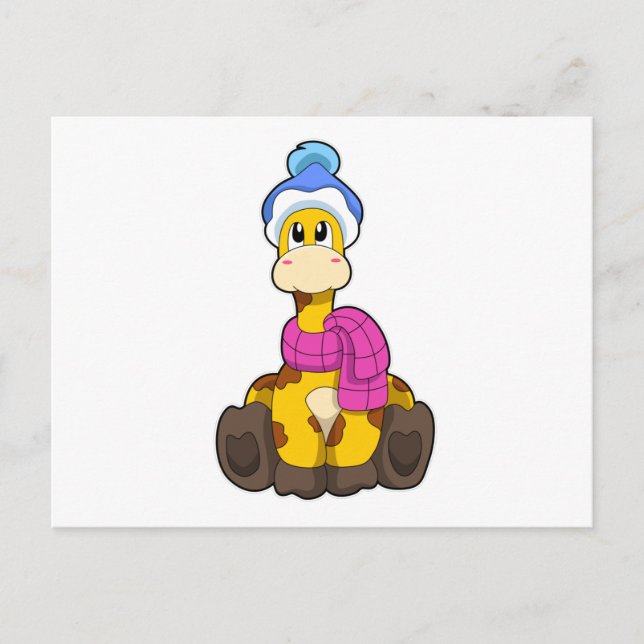 Postal Jirafa en invierno con bufanda y sombrero (Anverso)