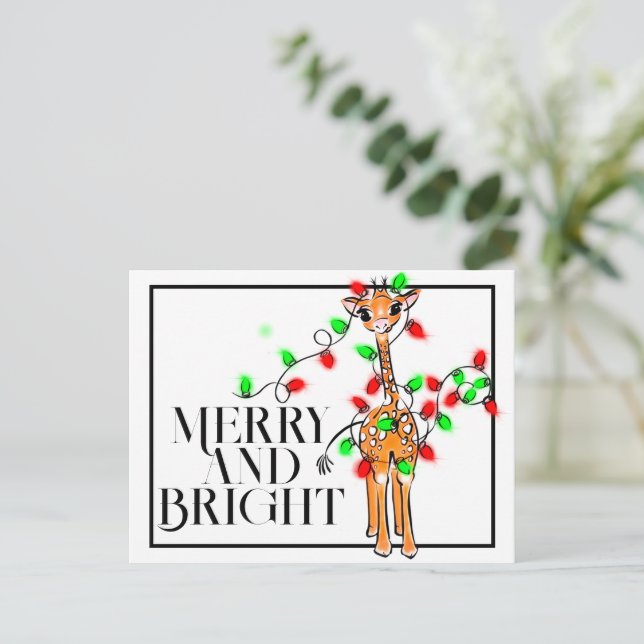 Postal Jirafa festiva de vacaciones | luces de Navidad ro (Anverso de pie)
