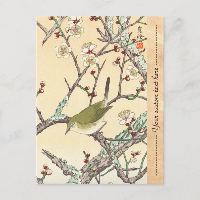 Postal Jo Bird en la rama de Plum shin hanga arte japonés (Anverso)