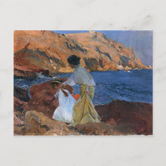 Postal Joaquín Sorolla- Clotilde y Elena sobre las rocas