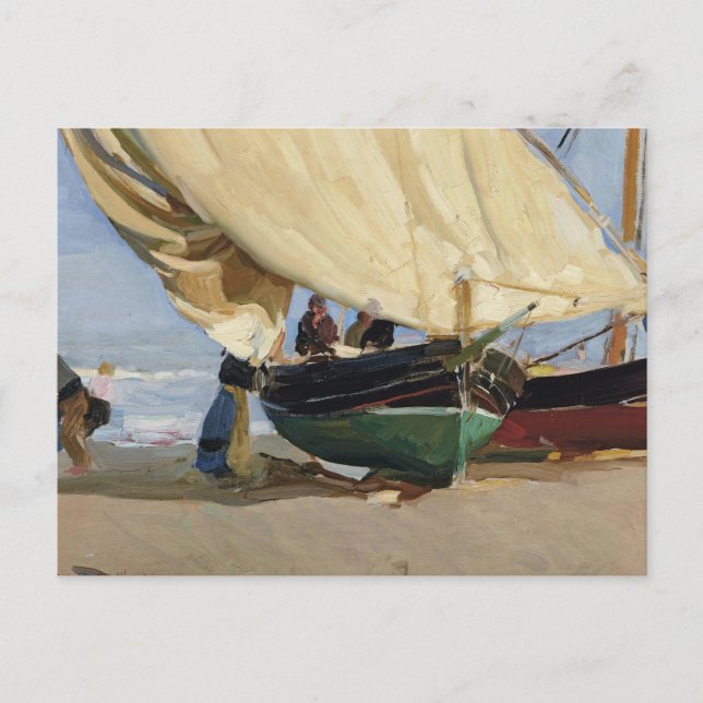 Postal Joaquín Sorolla - Pescadores. Barcas varadas (Anverso)