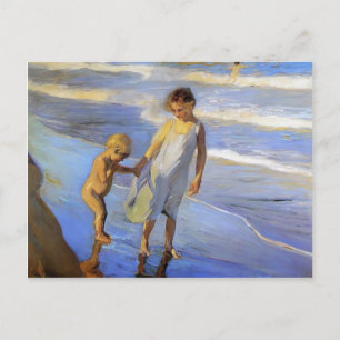 Postal Joaquín Sorolla- Valencia, niñas pequeñas en una p