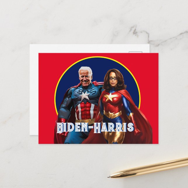 Postal Joe Biden y Kamala Harris como superhéroes (Anverso/Reverso In Situ)