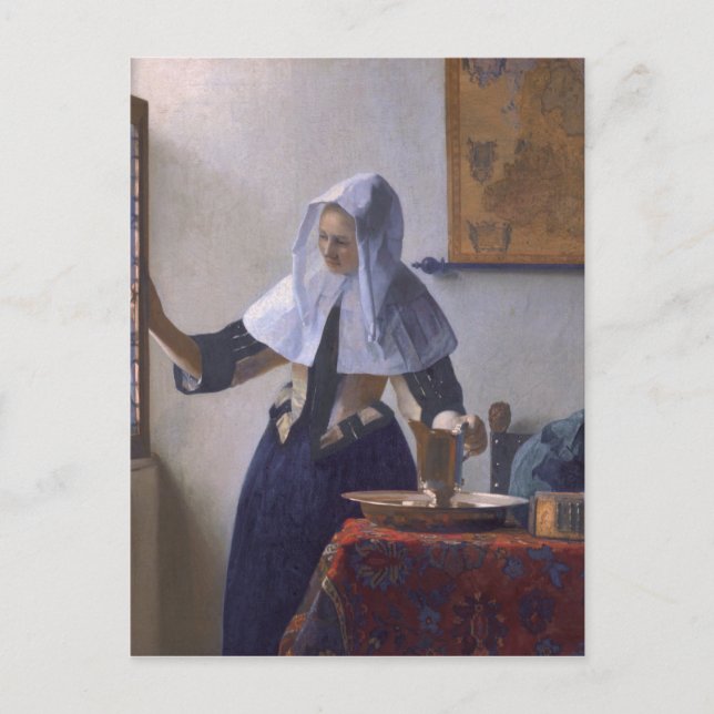 Postal Johannes Vermeer, joven mujer con un salto de agua (Anverso)