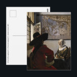 Postal Johannes Vermeer - Oficial con una chica riendo<br><div class="desc">Oficial con una chica riendo / Oficial y chica riendo - Johannes Vermeer,  1657</div>