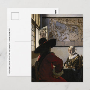 Postal Johannes Vermeer - Oficial con una chica riendo