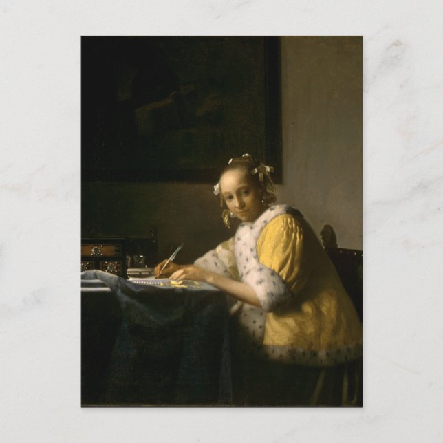 Postal Johannes Vermeer, una dama que escribe una carta p (Anverso)