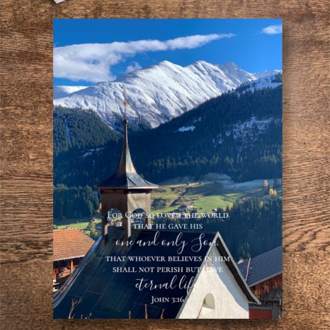 Postal John 3:16 Personalizado Texto | Foto original de l (Beautifully illustrated Bible scripture John 3:16 on my original Switzerland church Alps photograph )