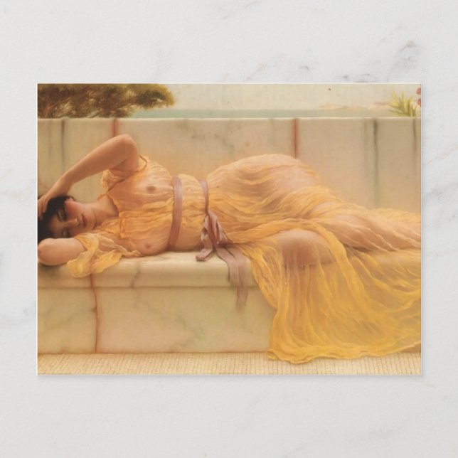 Postal John William Godward - Chica en drenaje amarillo (Anverso)