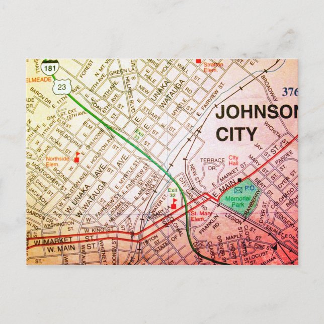 Postal Johnson City, TN Vintage Map (Anverso)
