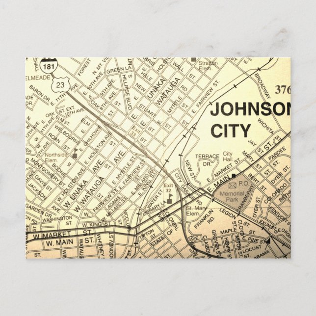 Postal Johnson City, TN Vintage Map (Anverso)