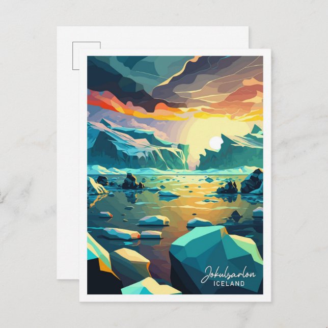 Postal Jokulsarlon Islandia ilustracion de Viaje Vintage (Anverso / Reverso)