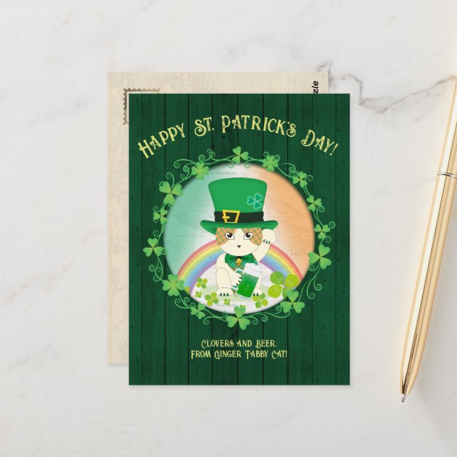 Postal Jolly Ginger Tabby Irish Cheer (Anverso/Reverso In Situ)