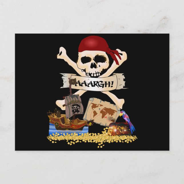 Postal Jolly Roger, barco pirata y el pecho de los pirata