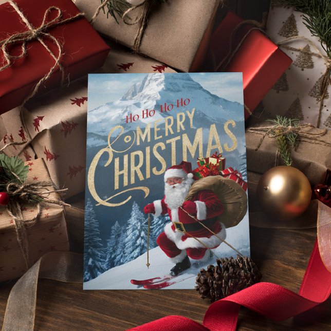 Postal Jolly Santa Carves Snowley Slopes (Subido por el creador)