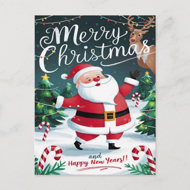 Postal Jolly Santa y dulces bastones de caramelo de Navid (Anverso)
