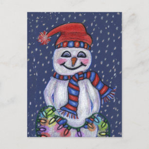 Postal Jolly Snowman Gorra Scarf con nieve Navidad alumbr