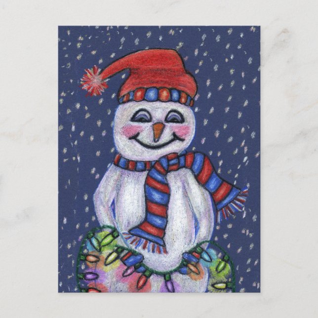 Postal Jolly Snowman Gorra Scarf con nieve Navidad alumbr (Anverso)