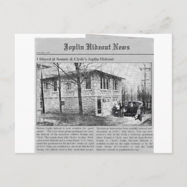 Postal Joplin Hideout de Bonnie & Clyde (Anverso)