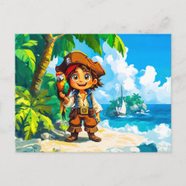 Postal Joven aventurero en isla del tesoro con un loro