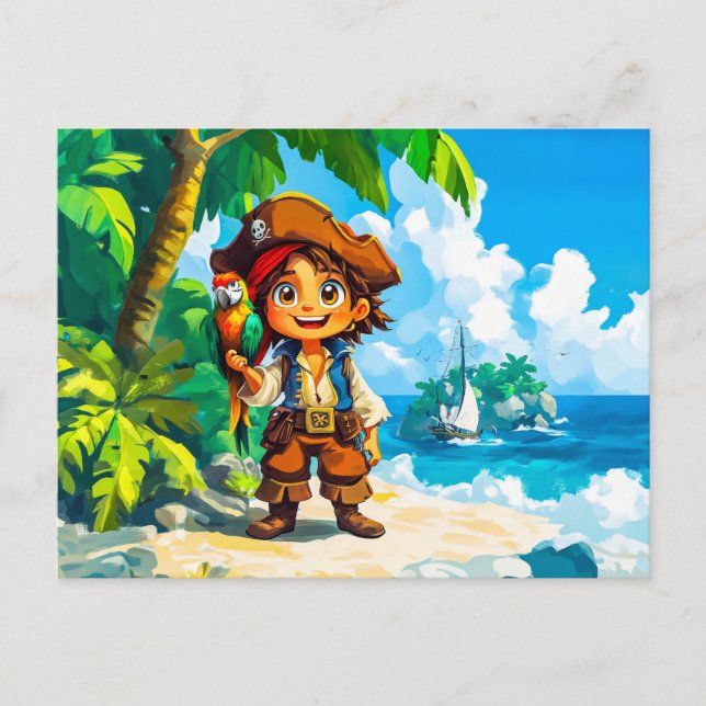 Postal Joven aventurero en isla del tesoro con un loro (Anverso)