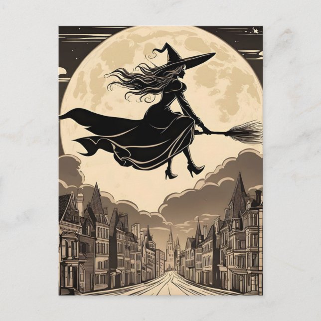 Postal Joven bruja de Halloween montando una escoba sobre (Anverso)