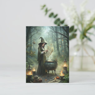 Postal Joven bruja en ritual místico forestal