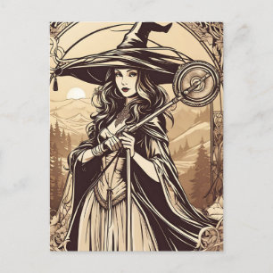 Postal Joven bruja en sepia, Halloween vintage