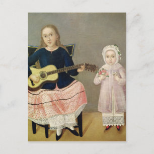 Postal Joven Chica con guitarra y niño con una