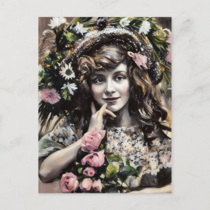Postal Joven chica con sombrero floral rosas dibujo al pa