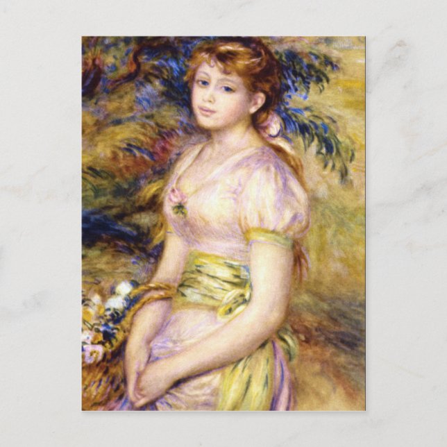 Postal Joven Chica con una canasta de flores de Renoir (Anverso)