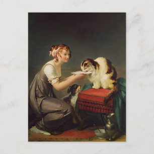 Postal Joven Chica dando leche a su arte gato