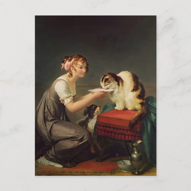 Postal Joven Chica dando leche a su arte gato (Anverso)