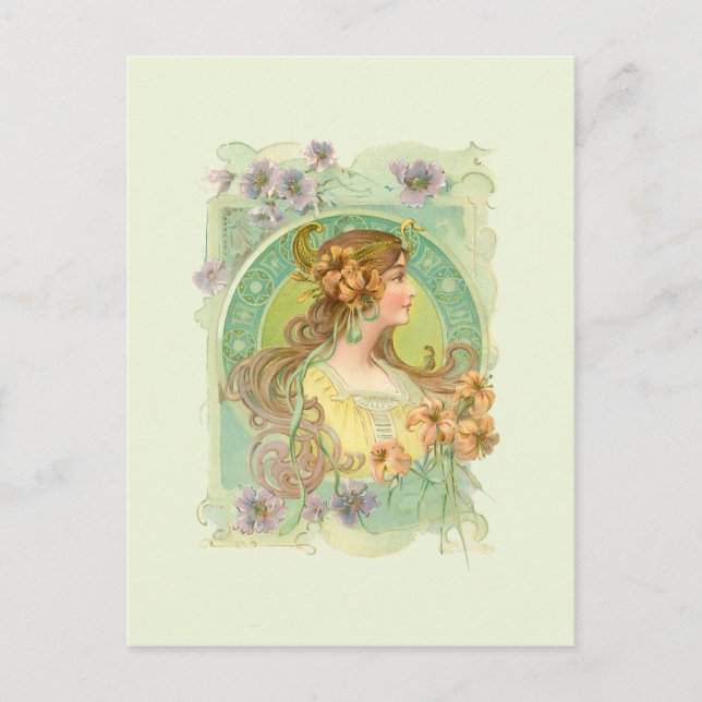 Postal Joven Chica de Art Nouveau con flores de estrellas (Anverso)