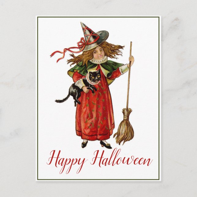 Postal Joven Chica de bruja con gato de la época victoria (Anverso)
