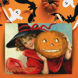 Postal Joven Chica victoriano con calabaza