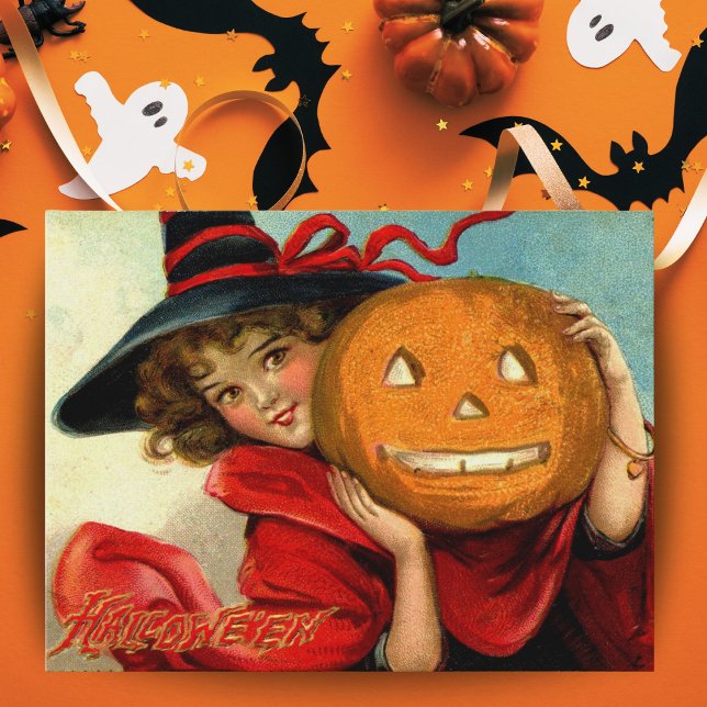 Postal Joven Chica victoriano con calabaza (Vintage Victorian Young Girl Witch with Pumpkin Postcard)