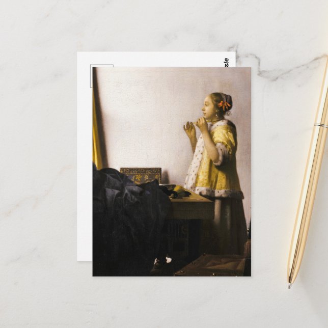 Postal Joven con collar de perla, 1662 de Vermeer (Anverso/Reverso In Situ)