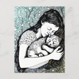 Postal Joven de Linocut sosteniendo un gato