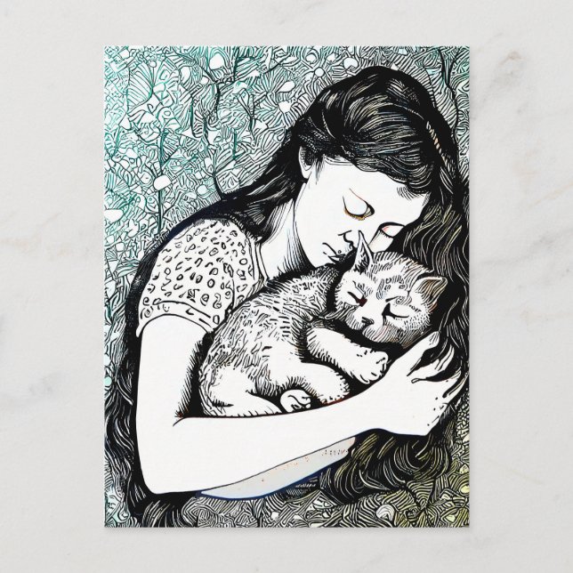 Postal Joven de Linocut sosteniendo un gato (Anverso)