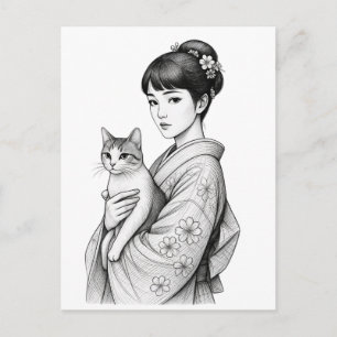Postal Joven japonesa y su gato