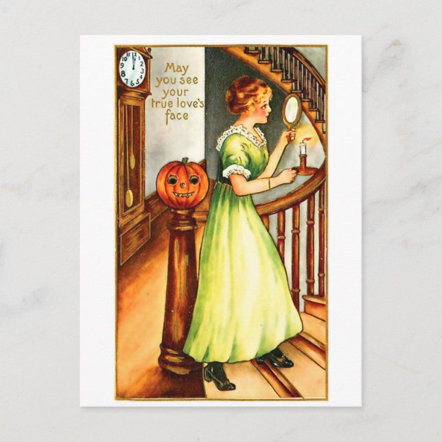 Postal Joven mirando en el espejo en Halloween (Anverso)