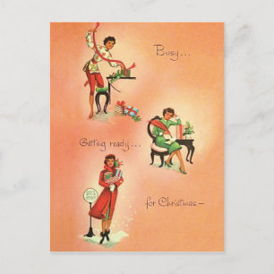 Postal Joven muchacha se prepara para la Navidad, vintage