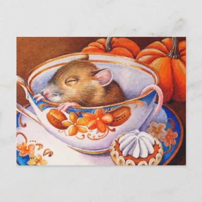 Postal Joven ratón de otoño duerme en taza de té Arte de  (Anverso)