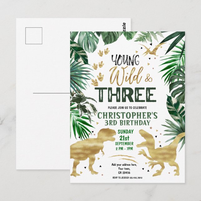 Postal Joven Salvaje & Cumpleaños de tres dinosaurios (Anverso / Reverso)