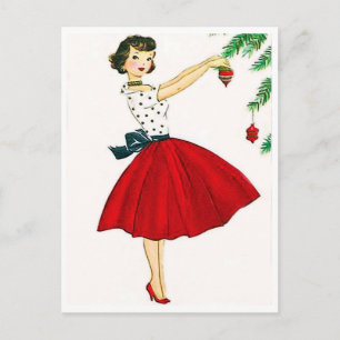 Postal Joven vestida de rojo decorando el árbol de Navida