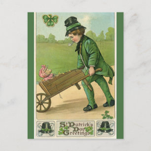 Postal Joven vintage y saludo de los patronos de cerdo