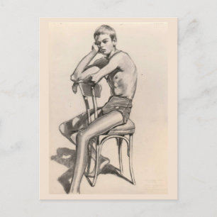 Postal Jóvenes en bañador sentados en una silla