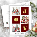 Postal JOY Elegant Gold Snowflakes Moderno Script Photo<br><div class="desc">JOY Elegant Gold Snowflakes Modern Script 3 Collage de fotos en Maroon Red Festive Postcard. Envíe saludos de vacaciones a sus seres queridos con esta postal de vacaciones minimalista y moderna para Navidades. Todos los textos están preorganizados para que puedas personalizarlos fácil y rápidamente con tus propios detalles. ¡Felices Fiestas!...</div>