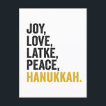 Postal Joy Love Latkes Peace Hanukkah Funny Jewish<br><div class="desc">gracioso,  judío,  latke,  regalo,  cumpleaños,  chanukah,  judío,  vacaciones,  menorah</div>